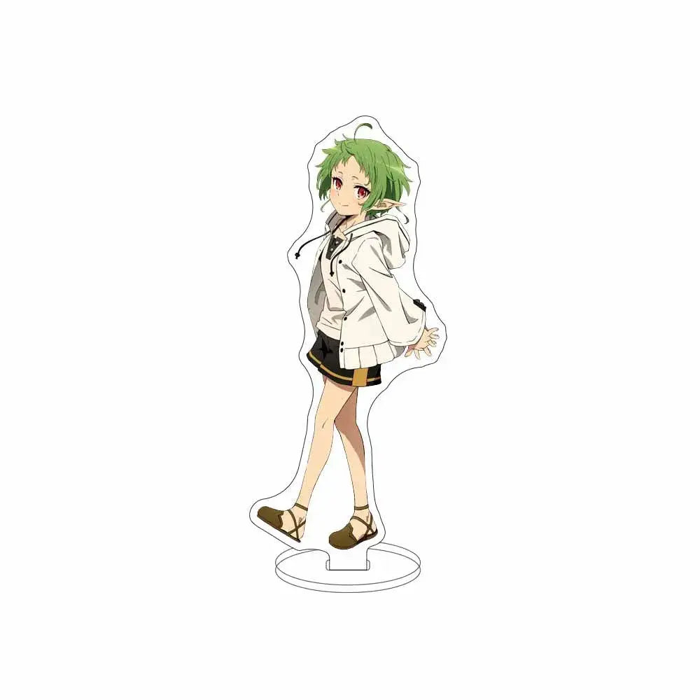 Clear acrylic sylphiette acrylic stand featuring a vibrant green-haired anime character in white hoodie and sandals for desktop decor