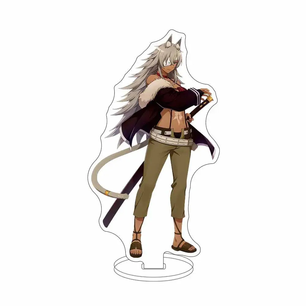 Clear acrylic sylphiette acrylic stand featuring an anime character with silver hair and purple cloak for desktop decor
