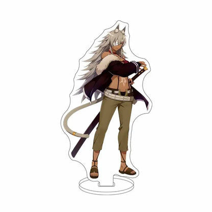 Clear acrylic sylphiette acrylic stand featuring an anime character with silver hair and purple cloak for desktop decor