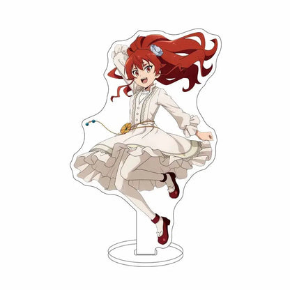 Clear acrylic sylphiette acrylic stand featuring red hair anime character in white ruffled dress with blue flower hair accessory