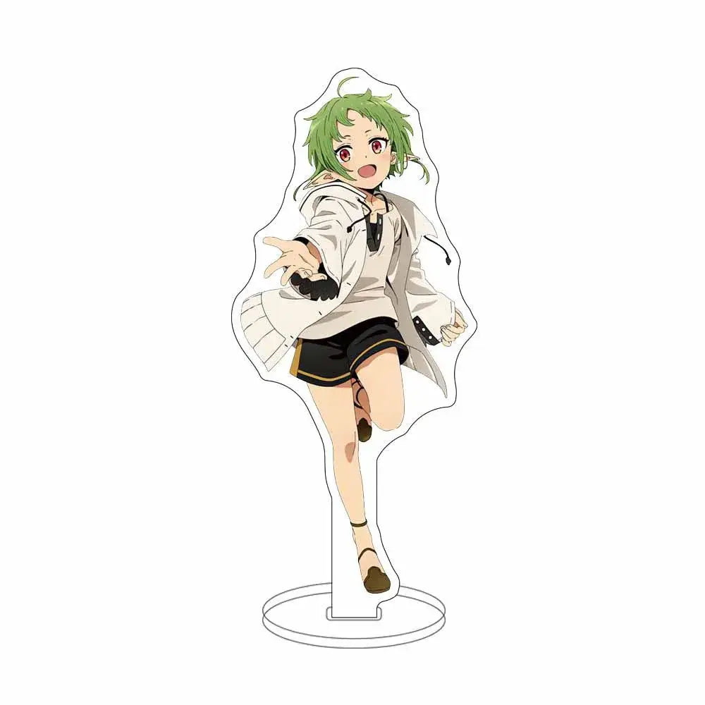Green-haired anime character in white coat and black shorts featured on mushoku tensei sylphiette acrylic stand for desktop decor