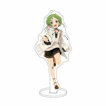 Green-haired anime character in white coat and black shorts featured on mushoku tensei sylphiette acrylic stand for desktop decor