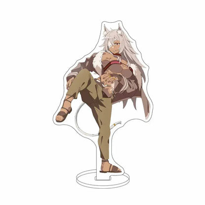 Clear acrylic sylphiette acrylic stand featuring an anime character with silver hair and brown fur-lined coat for desktop decor