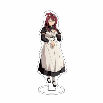 A clear acrylic stand featuring sylphiette with red hair glasses and a white apron over a black dress for desktop decor