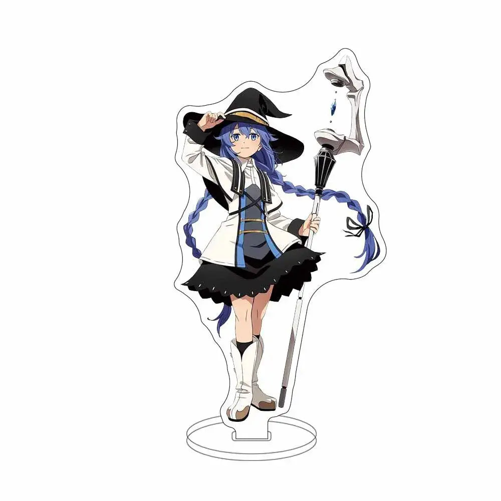 Black and white witch-themed sylphiette acrylic stand featuring blue braided hair character with staff for hd desktop decor