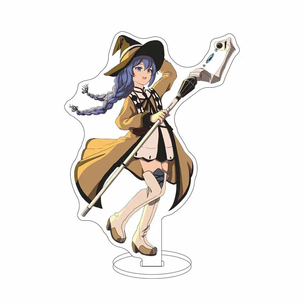 Translucent acrylic stand featuring sylphiette from mushoku tensei with long blue braided hair and a tan coat holding staff