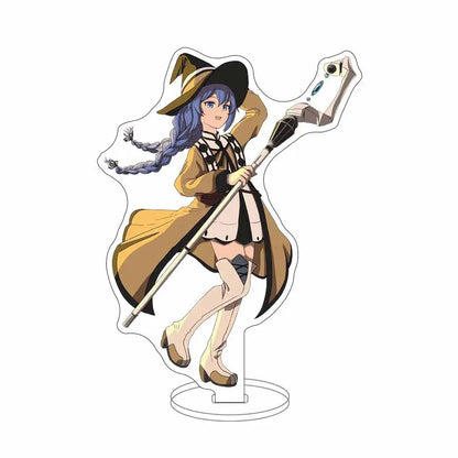 Translucent acrylic stand featuring sylphiette from mushoku tensei with long blue braided hair and a tan coat holding staff