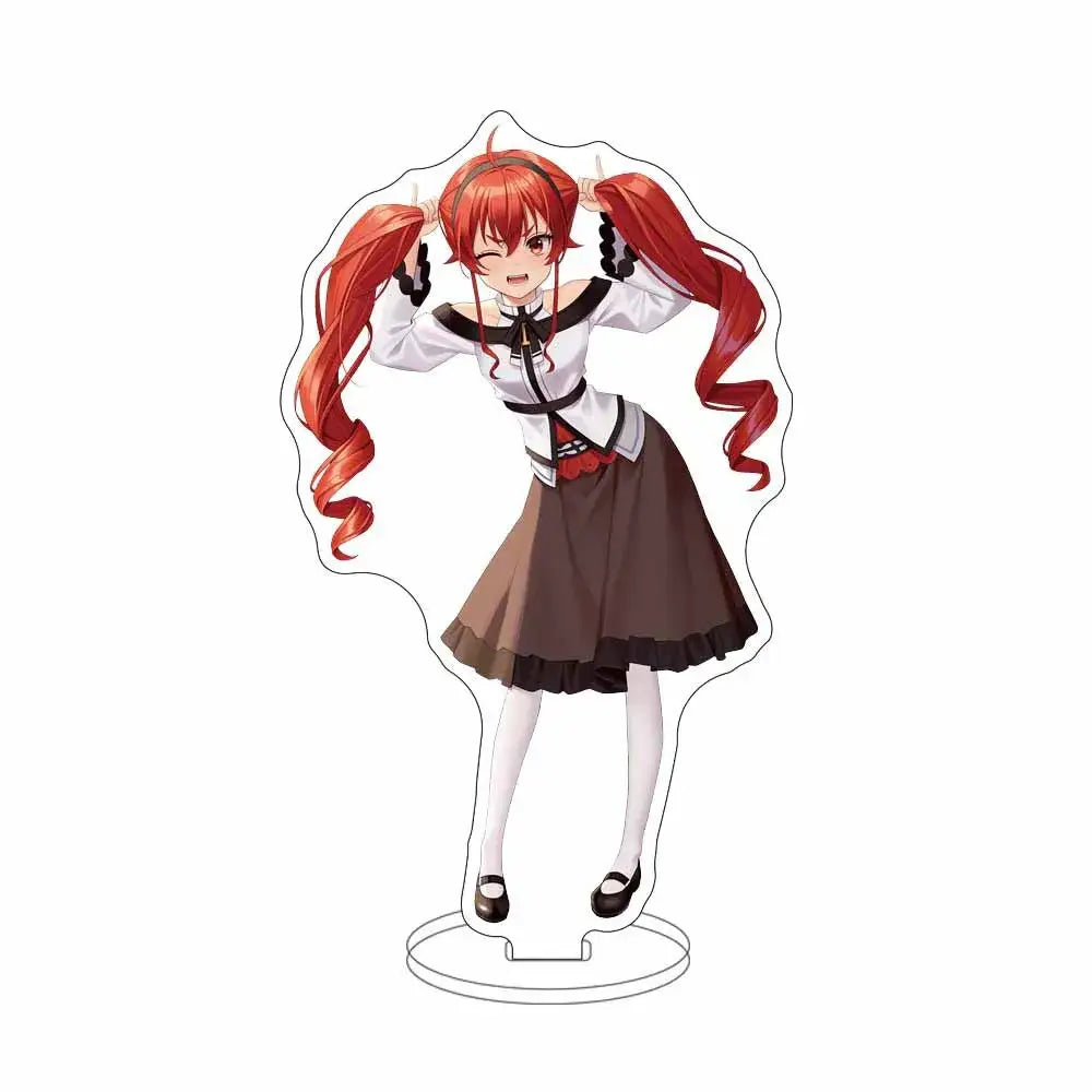 Clear acrylic sylphiette acrylic stand featuring an anime girl with red pigtails in white blouse and brown skirt for desktop decor