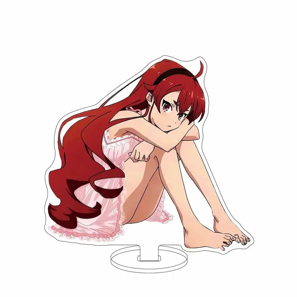 Red-haired anime character sylphiette acrylic stand in a pink frilly dress mounted on a clear acrylic stand for desktop decor