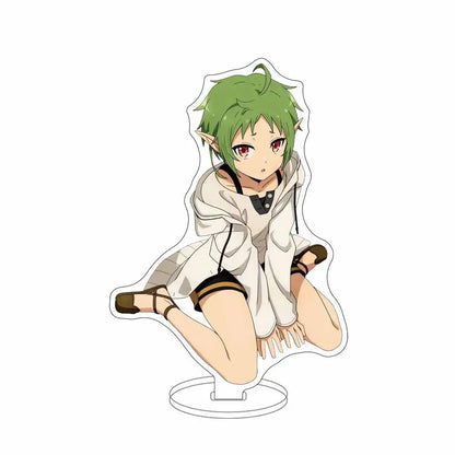 Green-haired elf girl figurine with red eyes in white hoodie sitting on a sylphiette acrylic stand for desktop decor