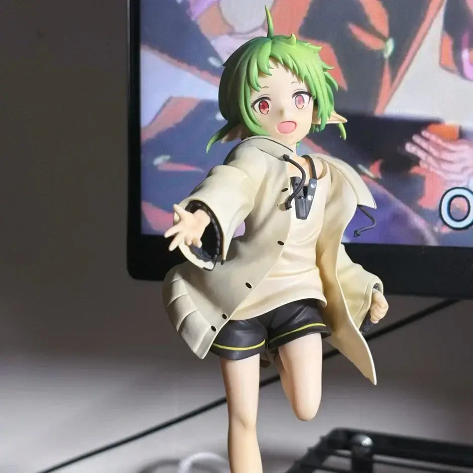 Detailed mushoku tensei sylphiette pvc statue in casual outfit with green hair red eyes beige trench coat and stethoscope