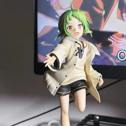 Detailed mushoku tensei sylphiette pvc statue in casual outfit with green hair red eyes beige trench coat and stethoscope