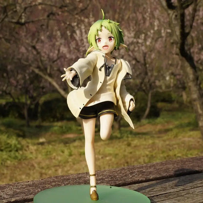Mushoku tensei sylphiette pvc statue with green hair in casual outfit beige coat and black shorts on circular base