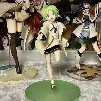 Mushoku tensei sylphiette pvc statue in a casual outfit with green hair cream coat and black shorts on green base