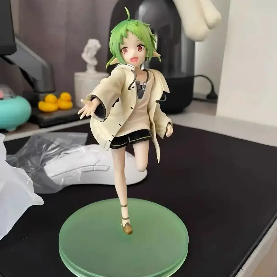 Green-haired mushoku tensei sylphiette pvc statue in casual outfit with red eyes and beige trench coat on green base