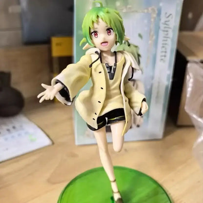 Green-haired mushoku tensei sylphiette pvc statue with red eyes in casual outfit standing on green circular base