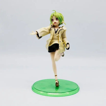 Green-haired mushoku tensei sylphiette pvc statue in casual outfit with beige coat and black shorts on green base