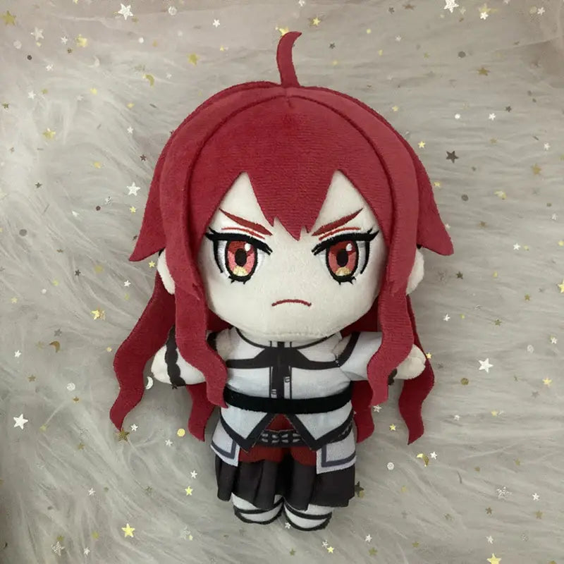 A 20cm soft mushoku tensei sylphy plush doll with red hair and angry expression in white and black outfit