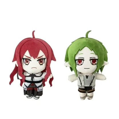 Two chibi-style mushoku tensei sylphy plush dolls with red and green hair, white faces, red eyes, and soft fabric outfits