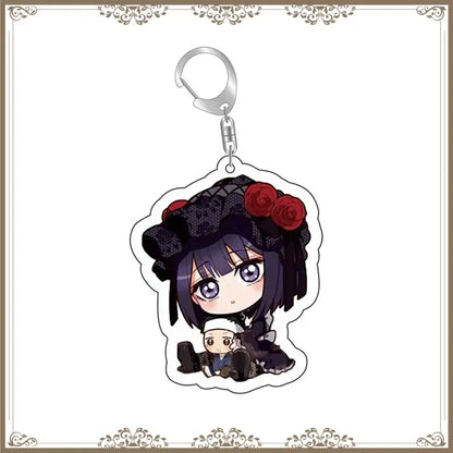 Black and red rose-adorned kitagawa marin acrylic keychain bag tag with silver metal clip plastic accessory