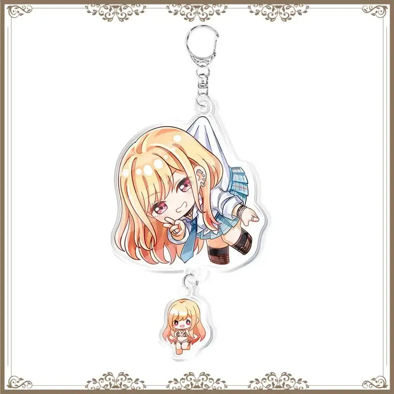 Clear acrylic kitagawa marin bag tag featuring chibi blonde anime girl in blue plaid school uniform with smaller figure attached