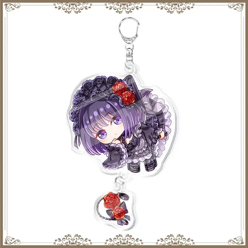 Clear acrylic bag tag featuring kitagawa marin chibi anime girl with purple hair in black lace dress and red roses charm