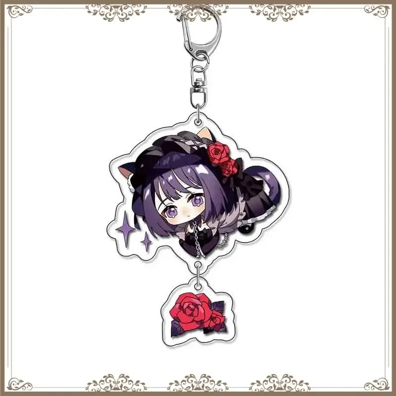 Purple-haired kitagawa marin bag tag keychain with cat ears black acrylic design and red rose accents from my dress-up darling