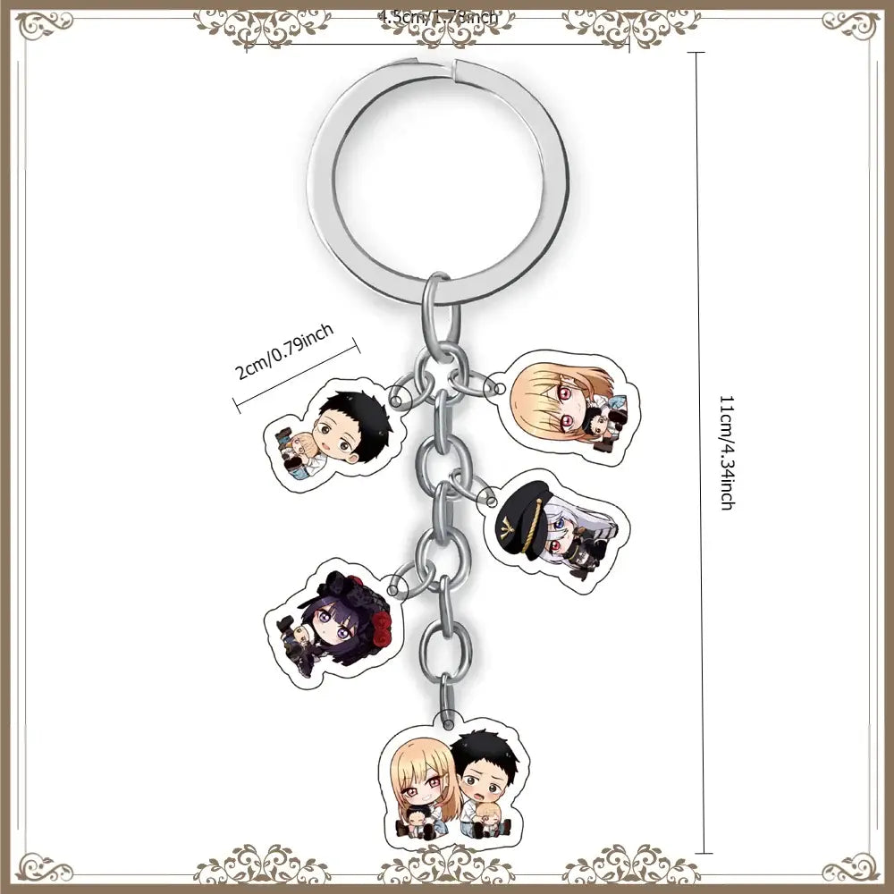 Silver metal keychain bag tag featuring five kitagawa marin anime character charms on a chain