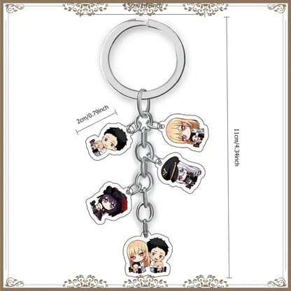 Silver metal keychain bag tag featuring five kitagawa marin anime character charms on a chain