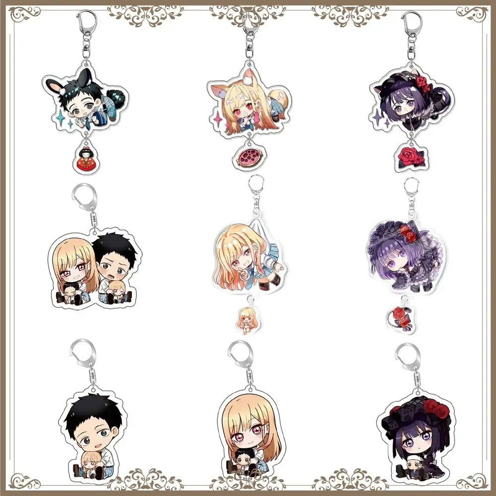 Set of nine kitagawa marin anime acrylic keychains with silver clasps colorful chibi bag tags for my dress-up darling