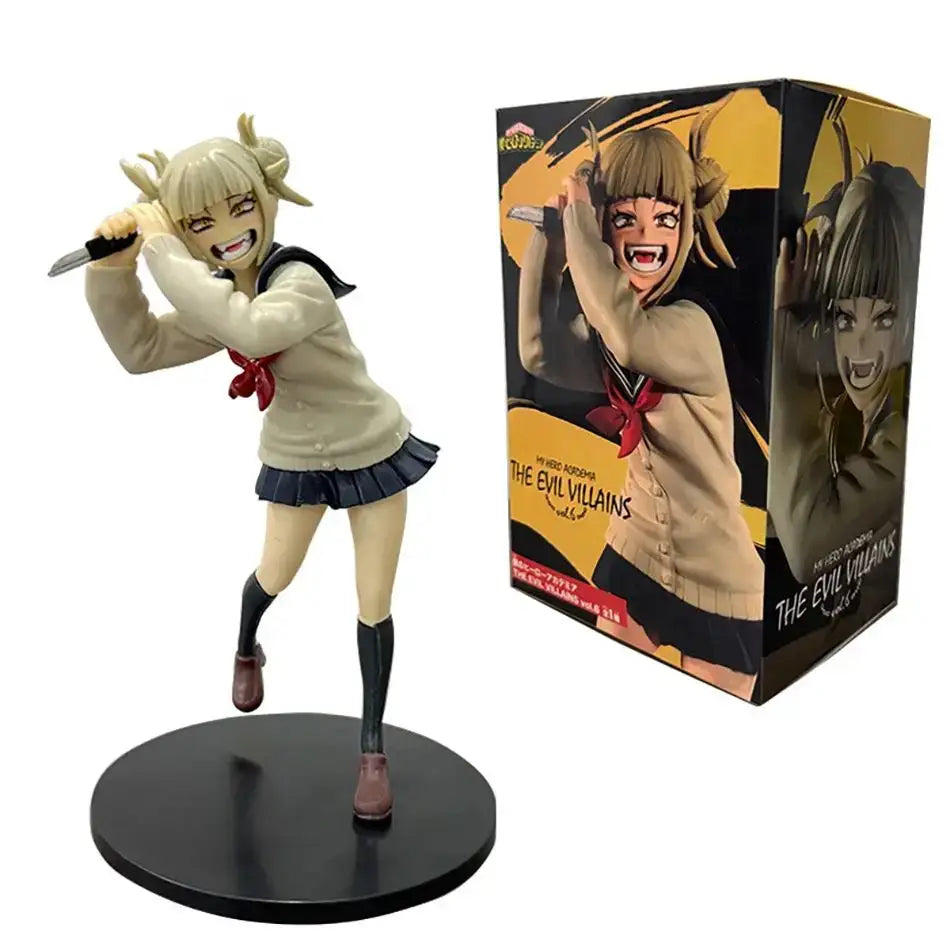 My hero academia heroes pvc figure of a girl in beige and black school uniform holding a knife on a circular base retail box