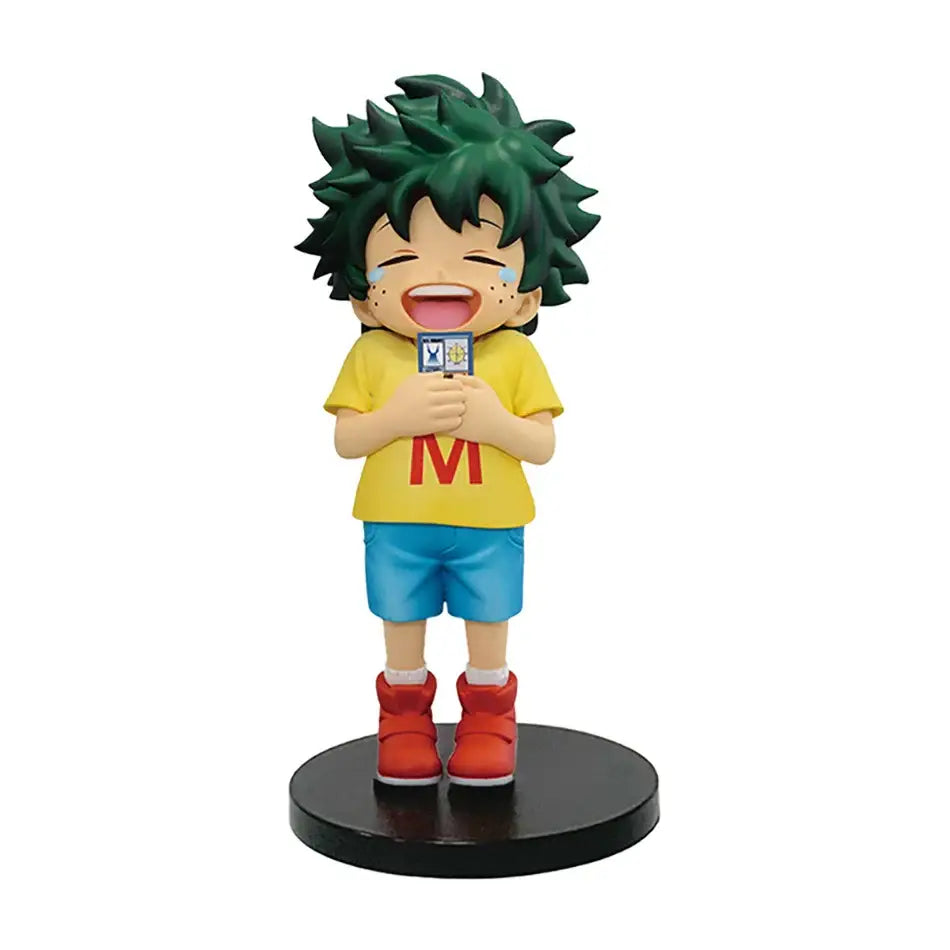 My hero academia heroes pvc green-haired boy figurine in yellow shirt and blue shorts on black base in retail box