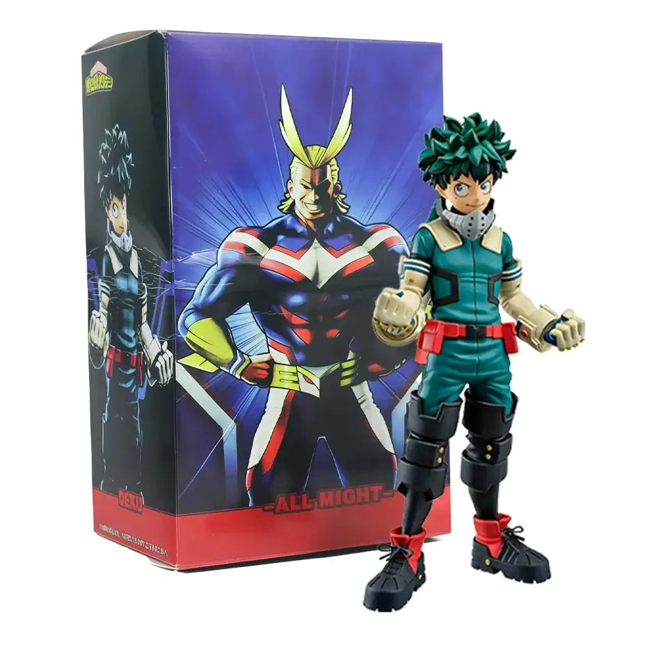 Green-haired izuku midoriya heroes pvc figure in teal and black with red accents standing beside retail box
