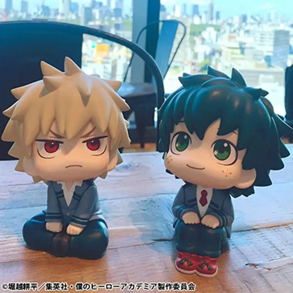 Two chibi hero academia heroes pvc figures with blonde and black spiky hair in school uniforms for desktop display retail box