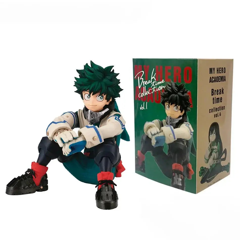 Green-haired izuku midoriya hero academia pvc figurine seated pose wearing white blue red uniform durable pvc material