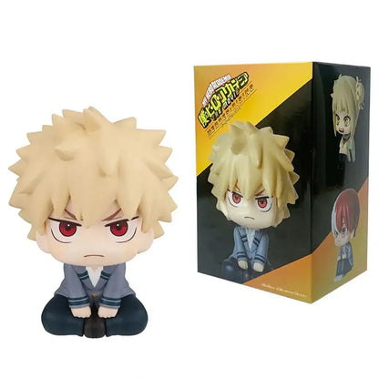 Chibi-style izuku midoriya figurine with spiky blonde hair and red eyes in gray school uniform made of durable pvc hero academia figure