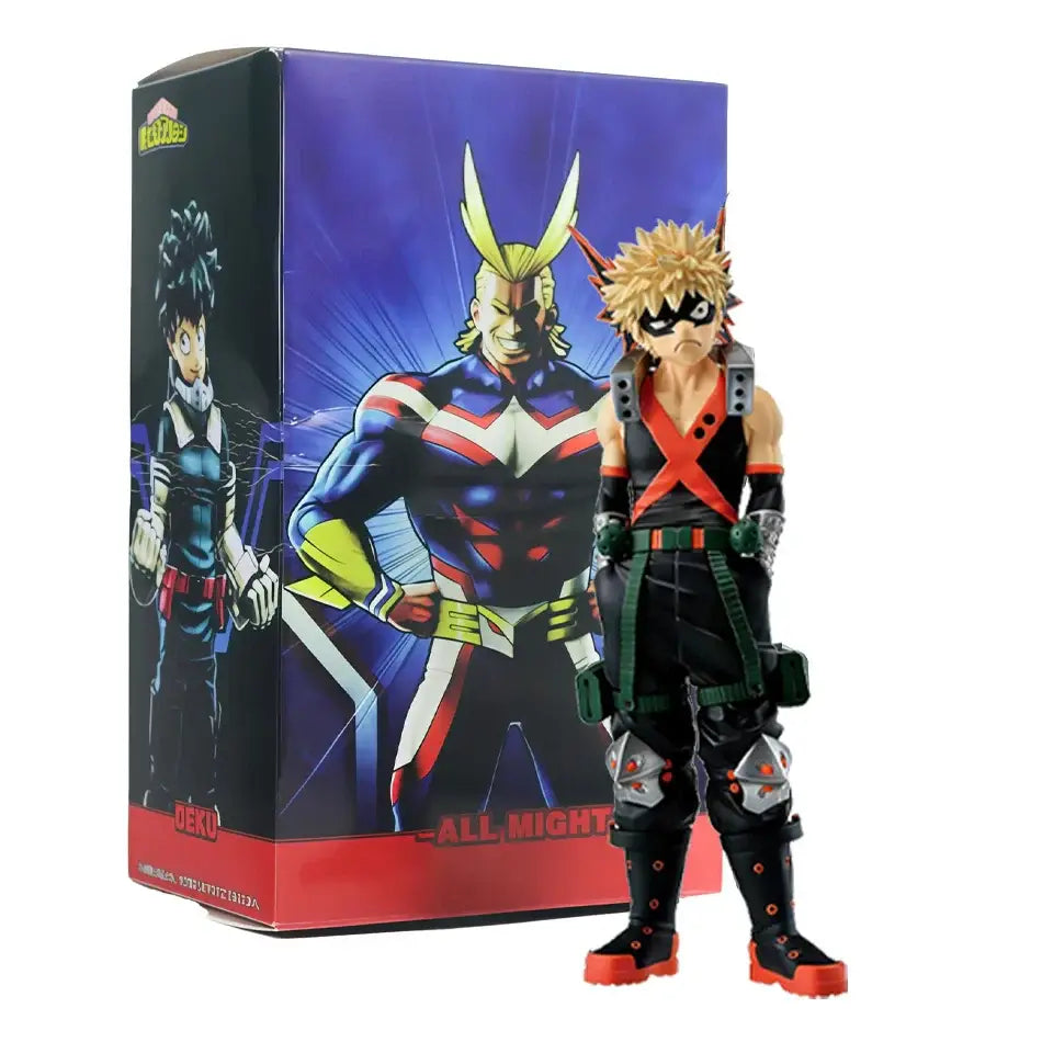Black and orange spiky haired my hero academia action figure in durable pvc standing beside its packaging box