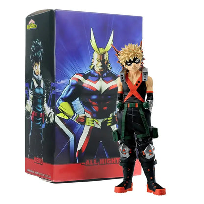 Black and orange spiky haired my hero academia action figure in durable pvc standing beside its packaging box