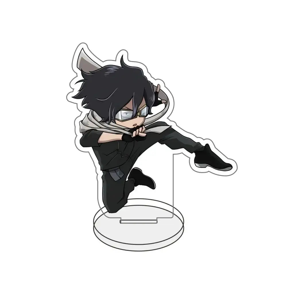 Black and gray chibi-style acrylic stand figure of a horned character with glasses and scarf in mid-kick pose hero academia desk decor