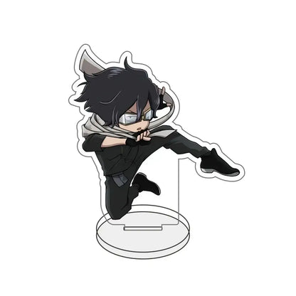 Black and gray chibi-style acrylic stand figure of a horned character with glasses and scarf in mid-kick pose hero academia desk decor