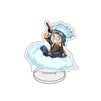 My hero academia all might acrylic stand figure with light blue hair and goggles sitting on clouds holding a red object