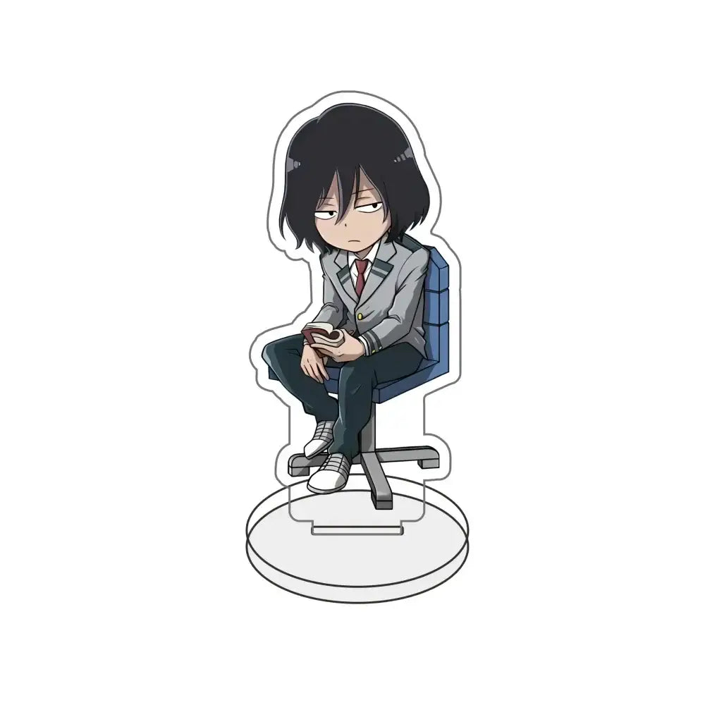 My hero academia acrylic stand figure of a chibi all might in gray uniform seated on office chair for desk decor
