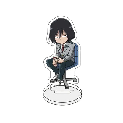 My hero academia acrylic stand figure of a chibi all might in gray uniform seated on office chair for desk decor