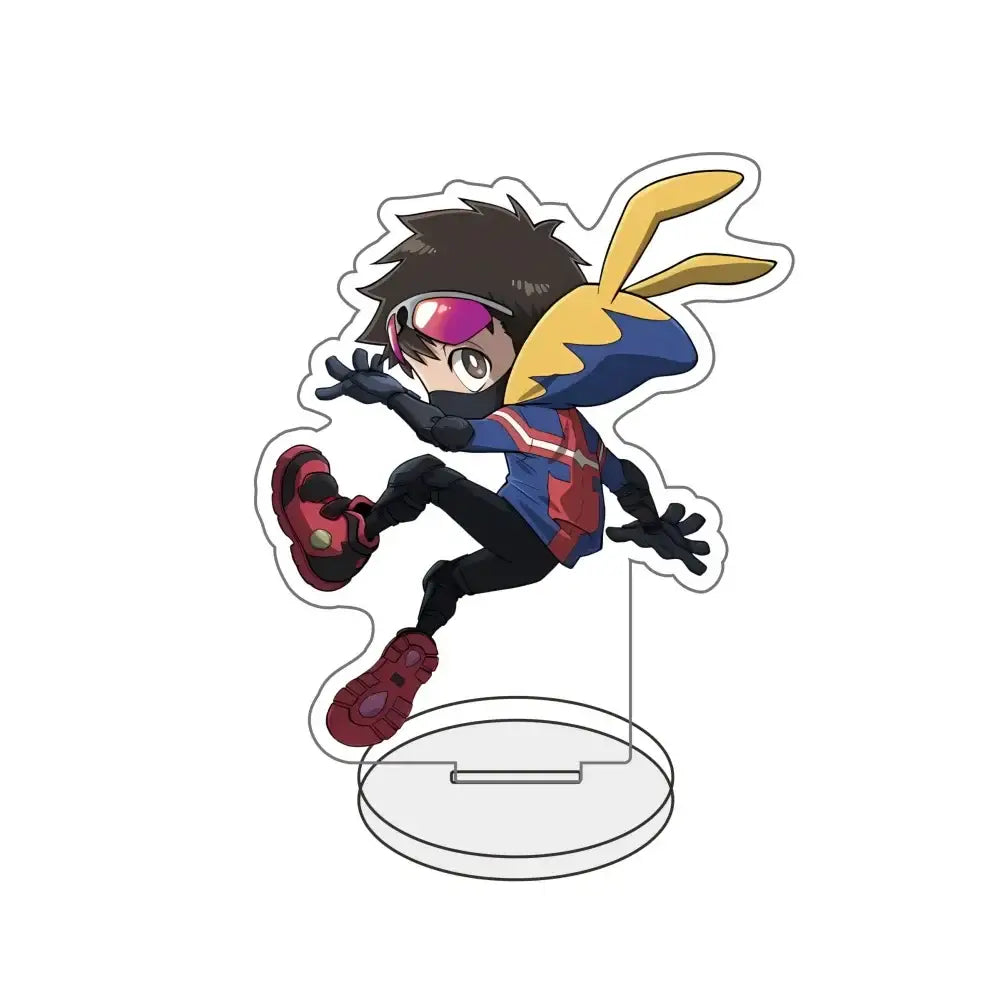 Blue and red my hero academia all might acrylic stand featuring a chibi superhero figure with pink goggles and yellow cape accents
