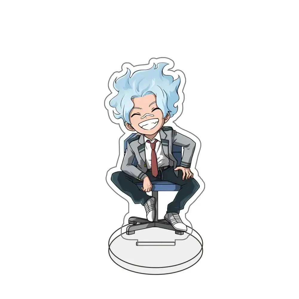 Chibi-style acrylic stand figure of spiky light blue haired hero academia character seated on office chair in gray suit