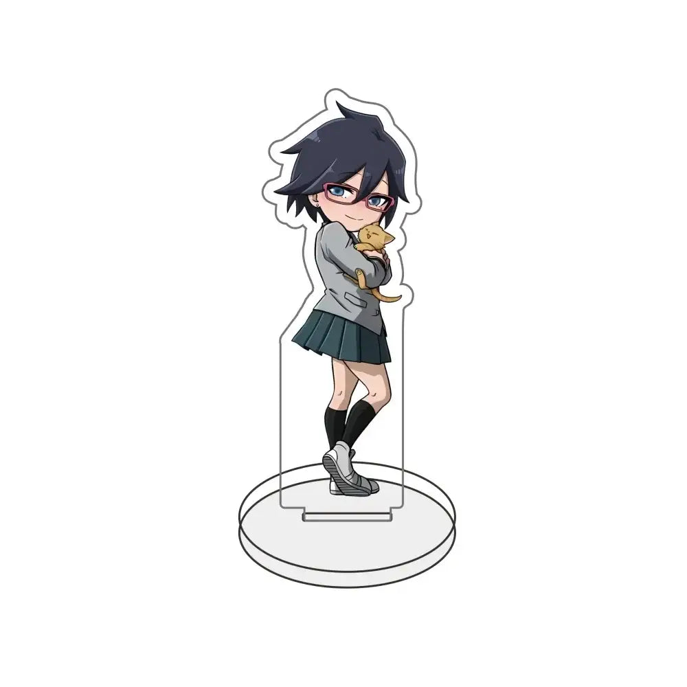 Clear acrylic hero academia stand featuring chibi anime girl with pink glasses holding orange cat desk decor figure