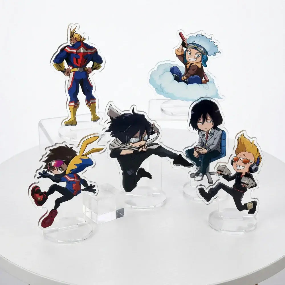 Clear acrylic standee of chibi hero academia character with black hair glasses and white scarf mid-kick acrylic stand figure