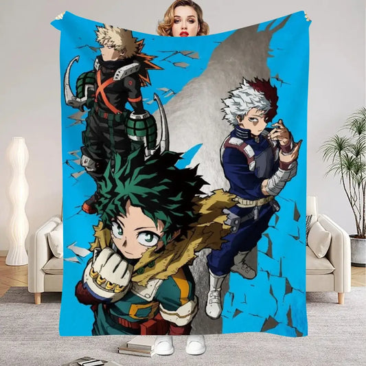My hero academia all might flannel blanket featuring blue background with izuku midoriya bakugo and todoroki in dynamic poses