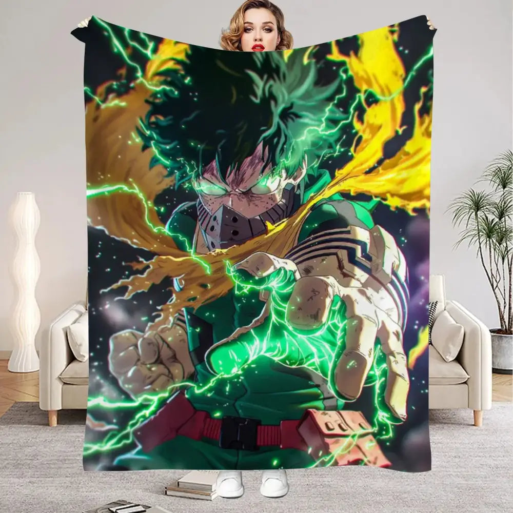 My hero academia all might flannel blanket with vibrant anime character and green yellow energy effects soft warm throw
