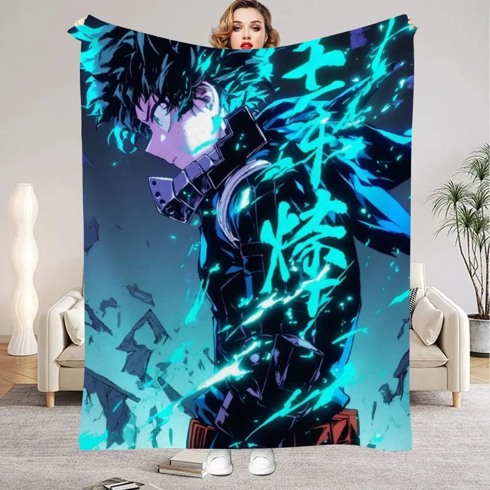 Vibrant blue and black my hero academia all might flannel blanket with glowing energy effects soft warm throw